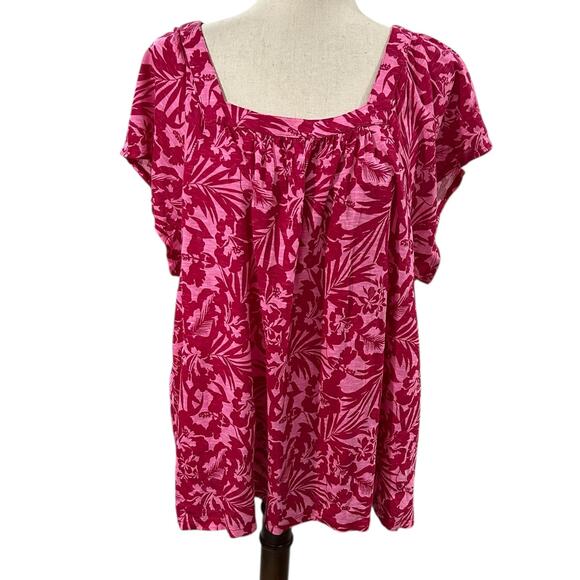 Style & Co Printed Square Neck Top in Sangria Wine Floral Hibiscus Size 3X - Picture 1 of 5